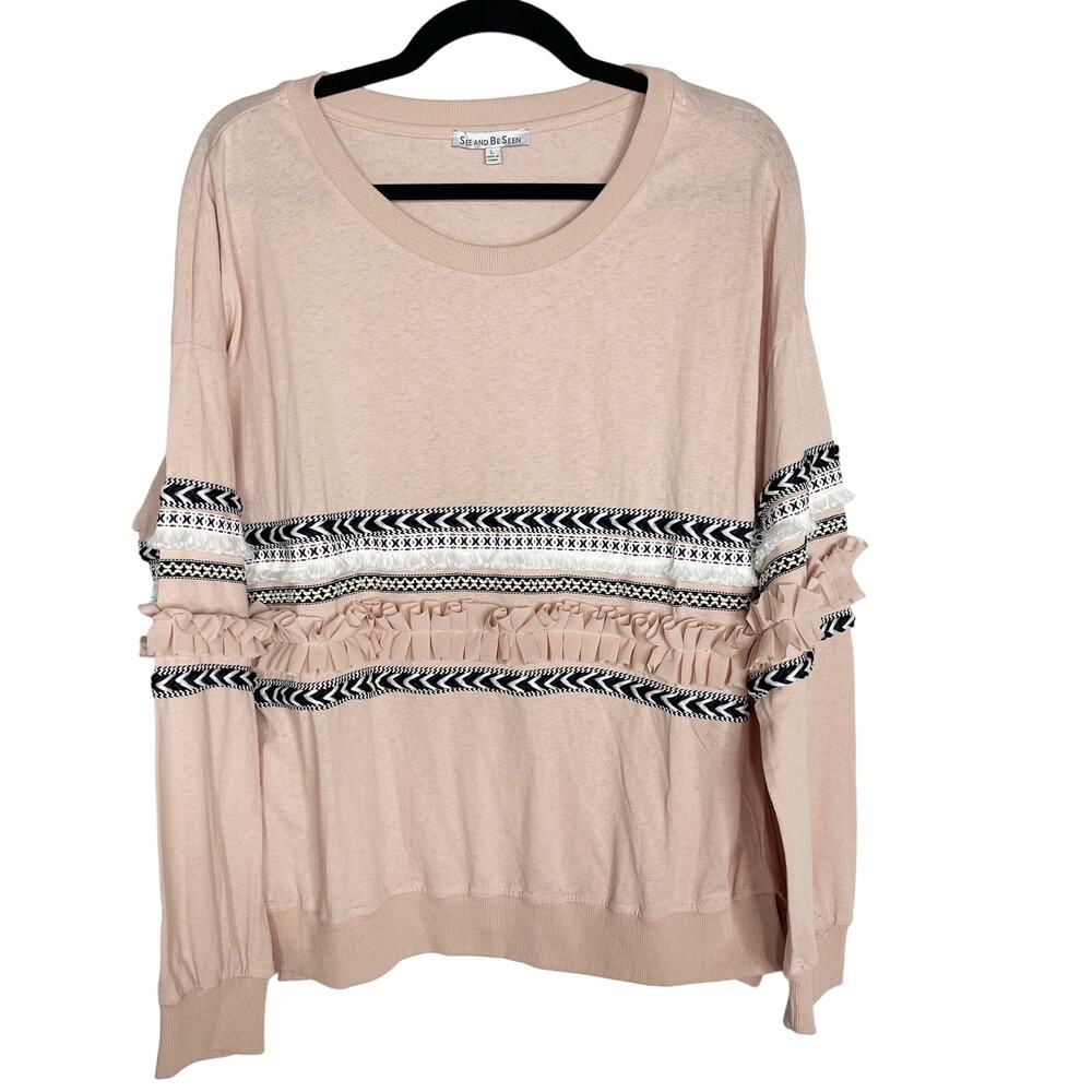 New See and Be Seen Large Pink Blush Ruffle Detail Striped Sweatshirt Crew Neck